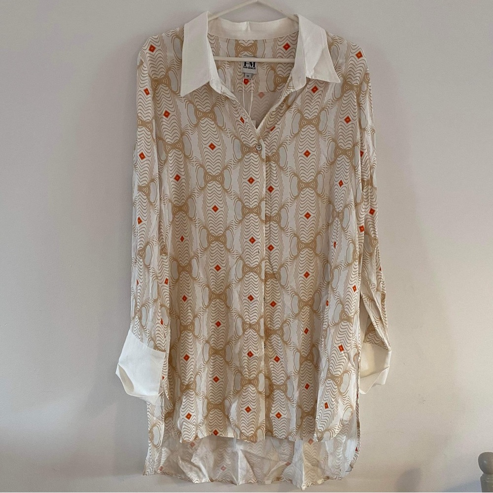 Women's Button Down Shirt - Cream and white with red detail